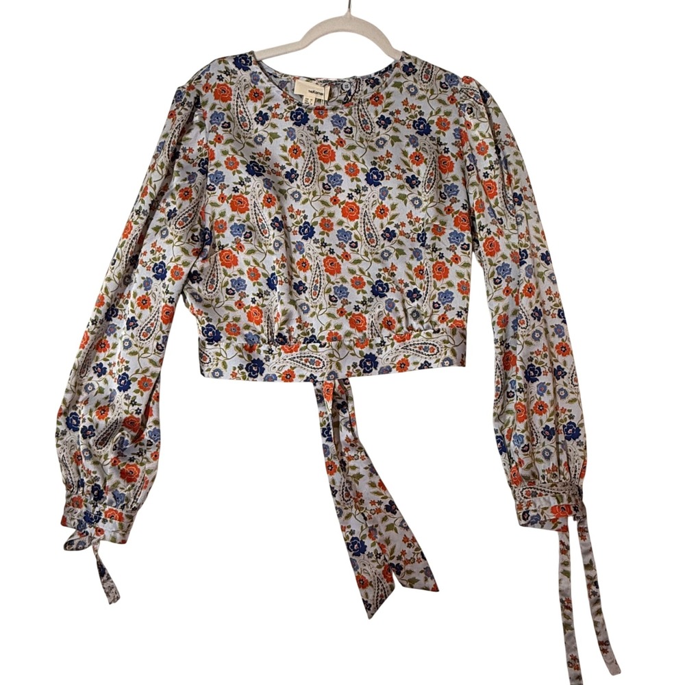 The Korner | Floral Paisley Open Tie Back Cropped‎ Top Blue Orange Womens Large